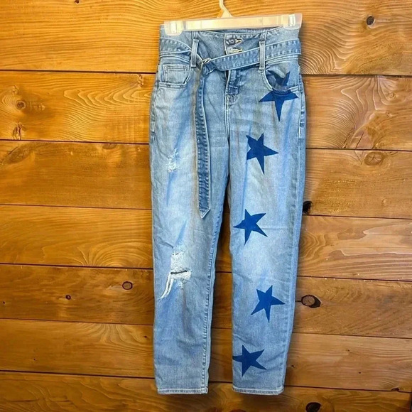 Hollister Denim - Hollister Womens Jeans 25/27 light wash distressed belted Stars streetwear Y2K